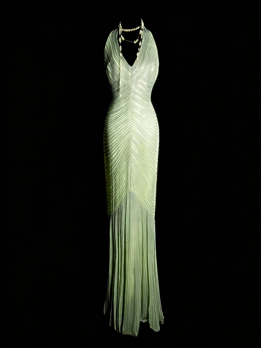 Elegant Halter V Neck Chiffon Sequin Beaded Long Birthday Prom Gown Mint Green Mermaid Party Dress SP4100