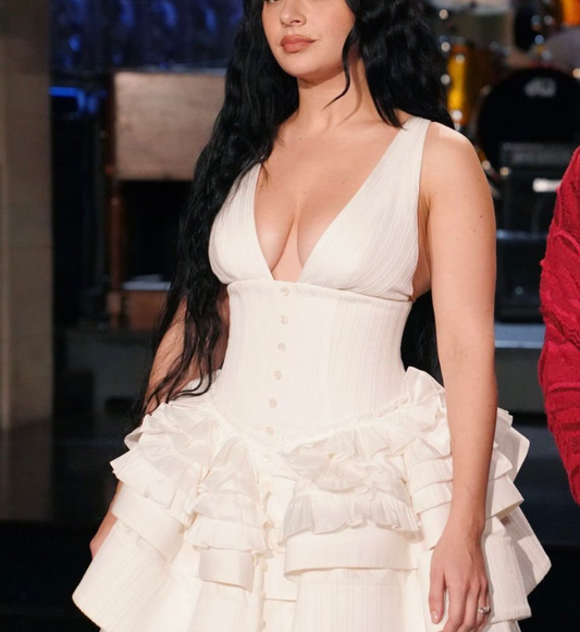 Classy Deep V Multi-Layered Satin A Line Evening Dress,White Formal Prom Dress Y8145