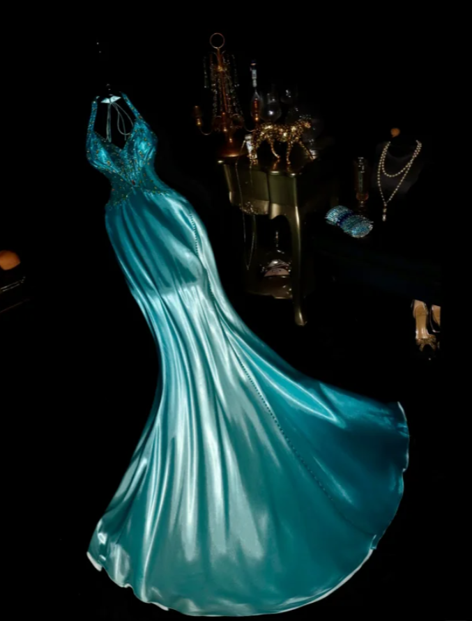 Classy Halter Blue Satin Beaded Mermaid Long Birthday Prom Dress Evening Gown SP1066