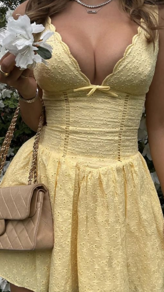 Cute V Neck Yellow Short A Line Cocktail Dress Formal Graduation Homecoming Dress Y9558