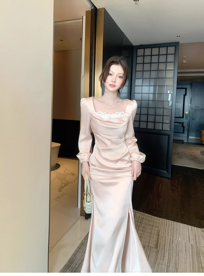 Sweet Lace Neck Pink Satin Mermaid Long Prom Dress Formal Evening Dress Birthday Dress SP1541