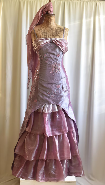 Retro Spaghetti Straps Purple Satin Organza Pleated Layered Mermaid Prom Dress Long Party Dress SP1366
