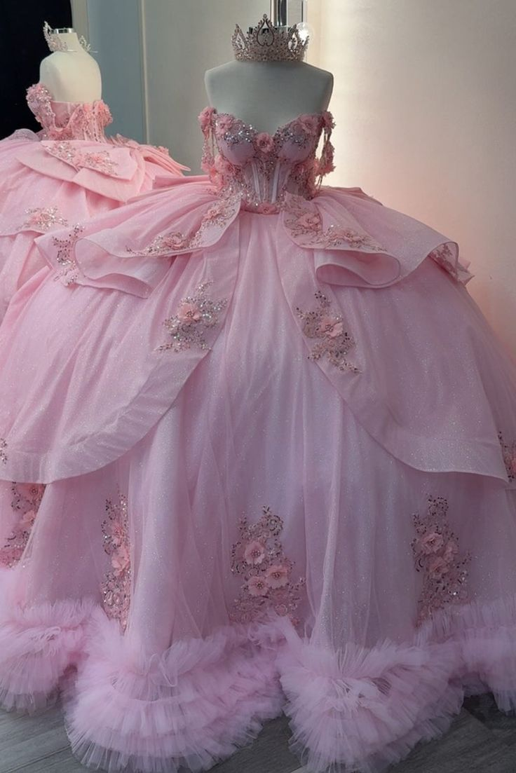 Elegant Pink Tulle Lace Sequin Beaded Appliques Ruffle Princess Quinceanera Dresses Sweet 16 Dress SP572