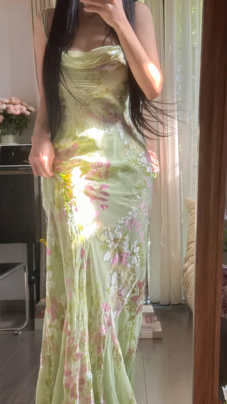Pretty Light Green Spaghetti Straps Chiffon Print Floral Mermaid Long Birthday Dress Evening Dress SP2268