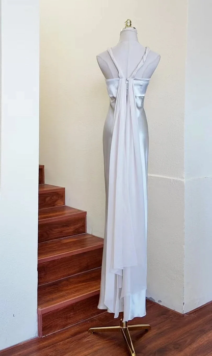 Elegant Satin Silver V-neck Long Wedding Guest Dress Long Birthday Party Dress SP3839