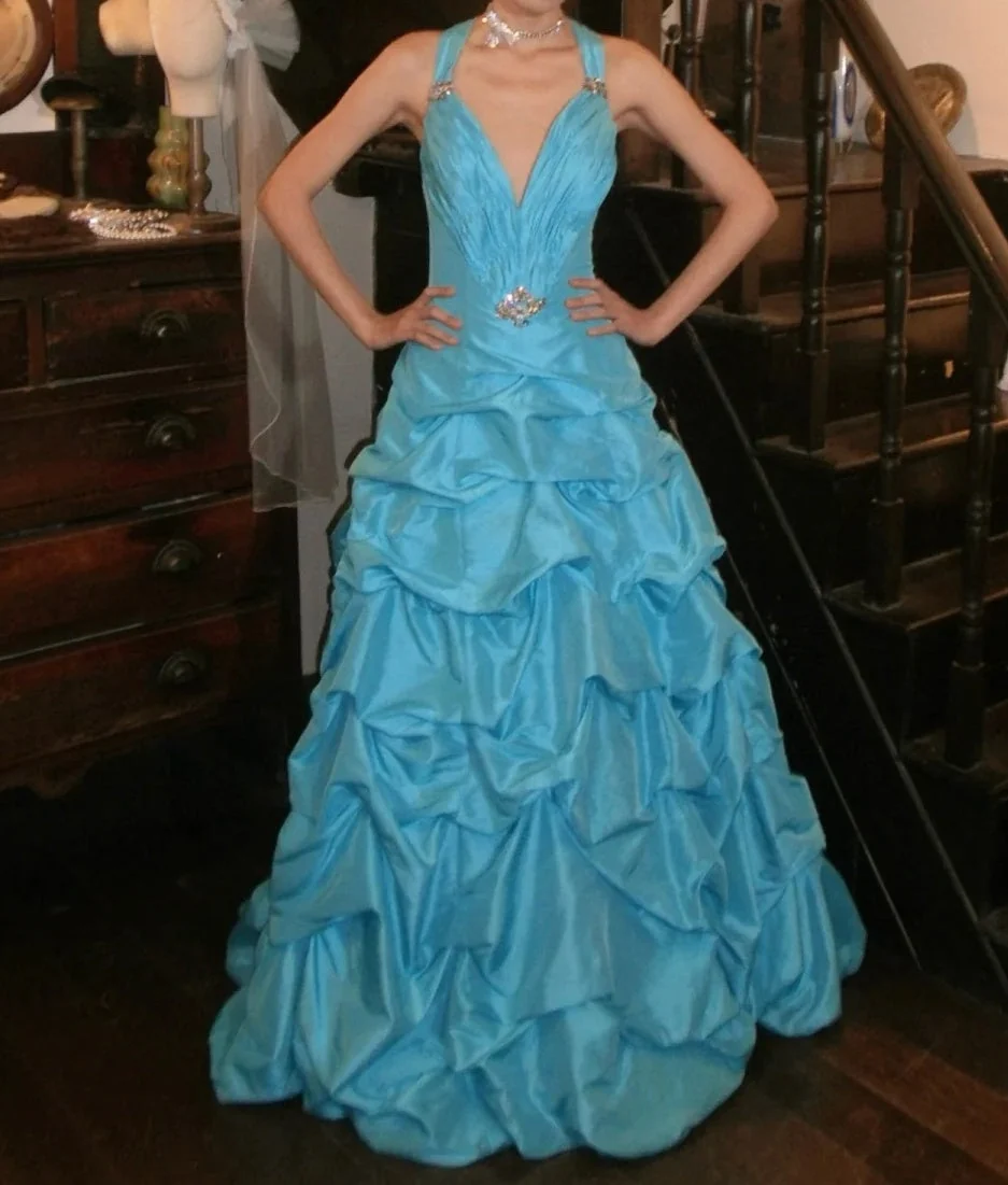 Pretty V-neck Satin Pleated Blue Long Birthday Party Dress Prom Gown SP3835