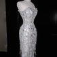 Sparkly Strapless Tulle Sequins Tassel Evening Dress,Slit Mermaid Prom Dress Wedding Dress Y8674