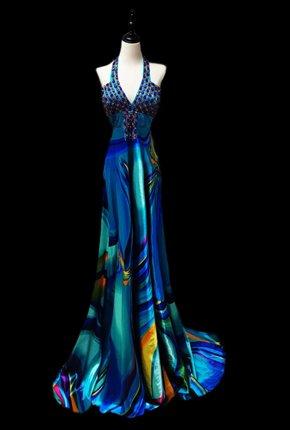 Unique Blue Halter Satin Print Floral Beaded Mermaid Prom Dress Evening Gown SP567