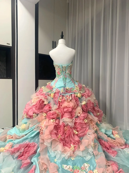 Colorful Ball Gown Strapless Tulle Floral Quinceanera Dress SP3833
