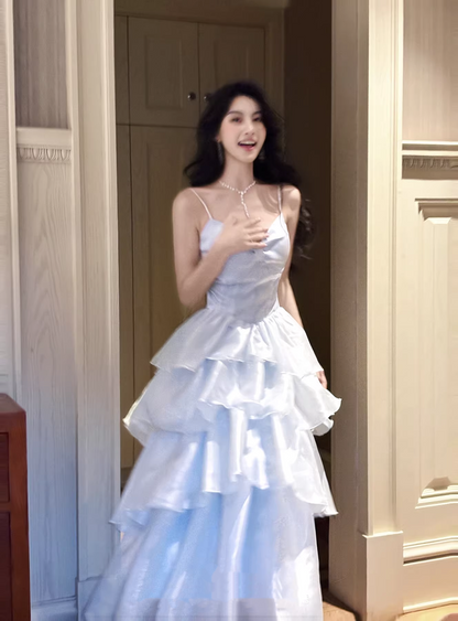 Shiny Spaghetti Straps Sky Blue Organza layered Long Party Dress Formal 21st Birthday Outfits SP1999