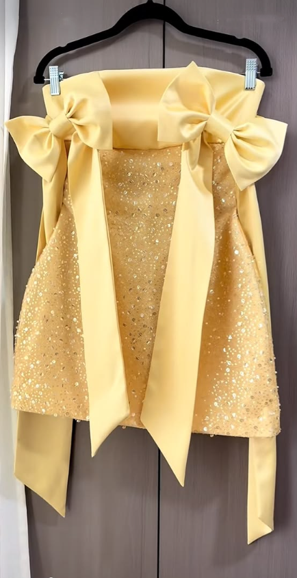 Cute Yellow Satin Sequin Short Homecoming Dress,Bow Straps Mini 19th Birthday Outfits SP3100