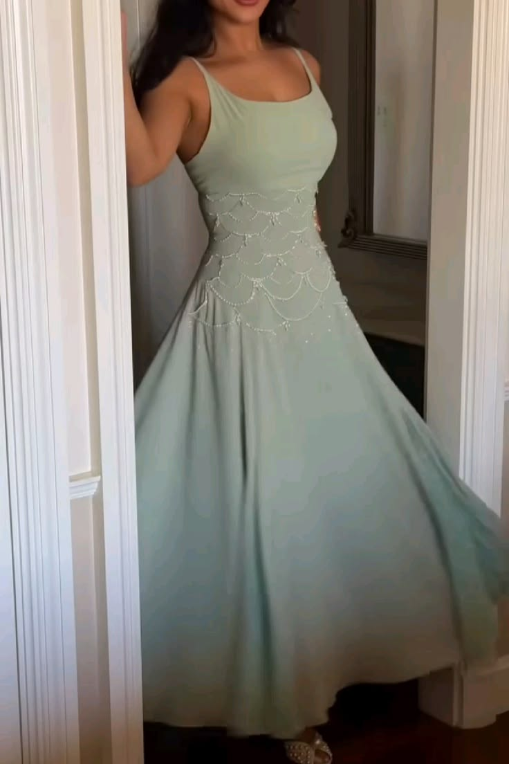 Pretty Green Chiffon Beaded A Line Long Party Dress Evening Gowns SP4276