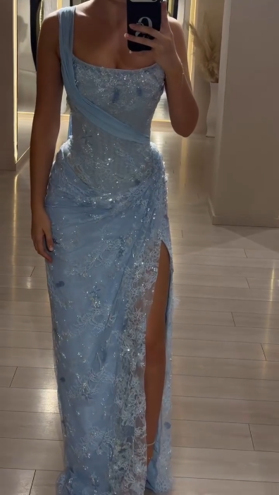 Glamorous One Shoulder Blue Lace High Slit Long Prom Dress Party Dress SP3342