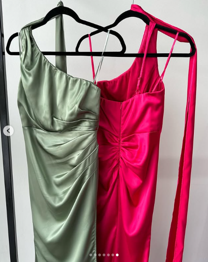 Elegant One Shoulder Hot Pink Satin Sheath Prom Dress Long Evening Dress Y8419