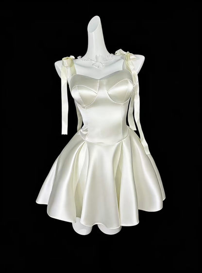 Cute Bow Straps Satin A Line Short Prom Dress,Off White Short 6th Grade Homecoming Dress SP3504