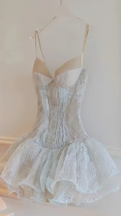 Cute Spaghetti Straps Sky Blue Lace Formal 20th Birthday Dress Homecoming Dress Y9816