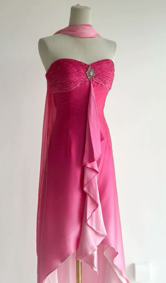 Pretty Ombre Pink Sweetheart Neck Satin Long Birthday Outfits Long Evening Dress With Scarf SP943