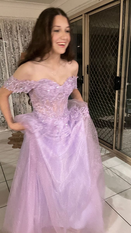 Elegant Off The Shoulder Lilac Tulle Sequin Appliques A Line Long Wedding Guest Dress Party Dress SP1114