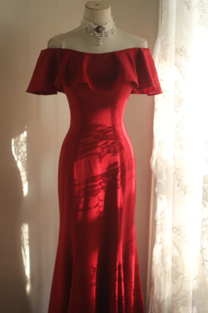 Elegant Off The Shoulder Red Satin Mermaid Evening Dress Long Wedding Guest Dress SP668