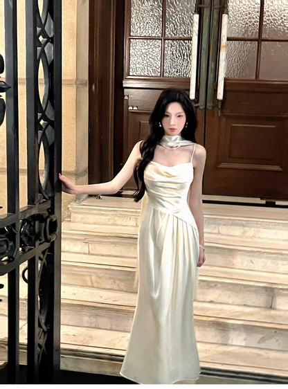 Classy Spaghetti Straps White Satin Mermaid Long Wedding Guest Dress Formal Evening Dress With Scarf SP1645