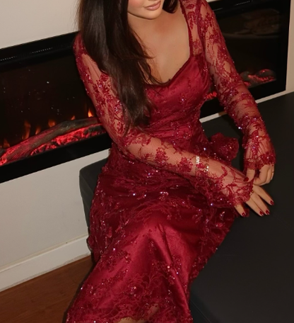 Elegant Burgundy Lace Beaded Mermaid Evening Dress Long Prom Dress SP844