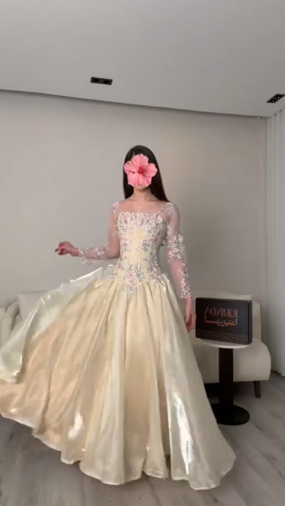 Classy Light Champagne Tulle Beaded Floral A Line Long Wedding Guest Dress Formal Evening Dress Birthday Dress SP2269