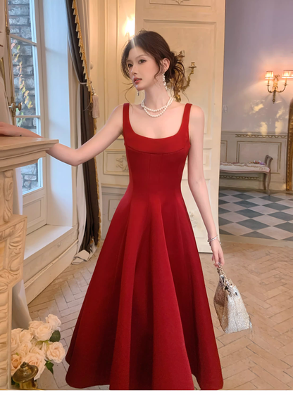 Fashion Spaghetti Strap Red Satin A Line Long Evening Dress Formal Birthday Prom Dresses SP1653