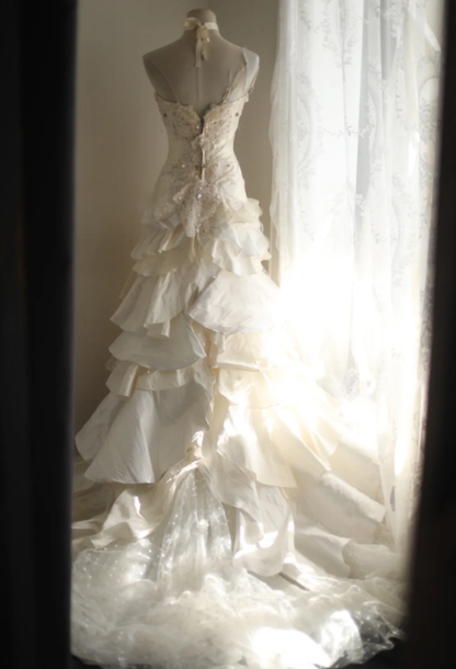 Vintage White Halter Satin Tulle Beaded Mermaid Long Wedding Dress SP666