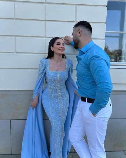 Elegant Blue Beaded Sequins Luxury Evening Dresses Satin Trim with Shawl Arabian Dubai Muslim Prom Dress Y4669
