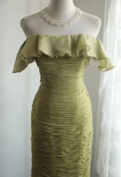 Elegant Green Off The Shoulder Chiffon Pleated Sheath Long Prom Dress Evening Gown SP1025