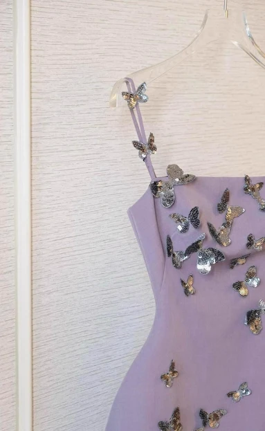Classy Spaghetti Straps Purple Satin Sequin Butterflies Short Homecoming Dress Birthday Dress SP3271