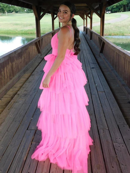 Fashion Open Back Layered Pink Long Prom Dresses, Pink Formal Graduation Evening Dresses Y4954