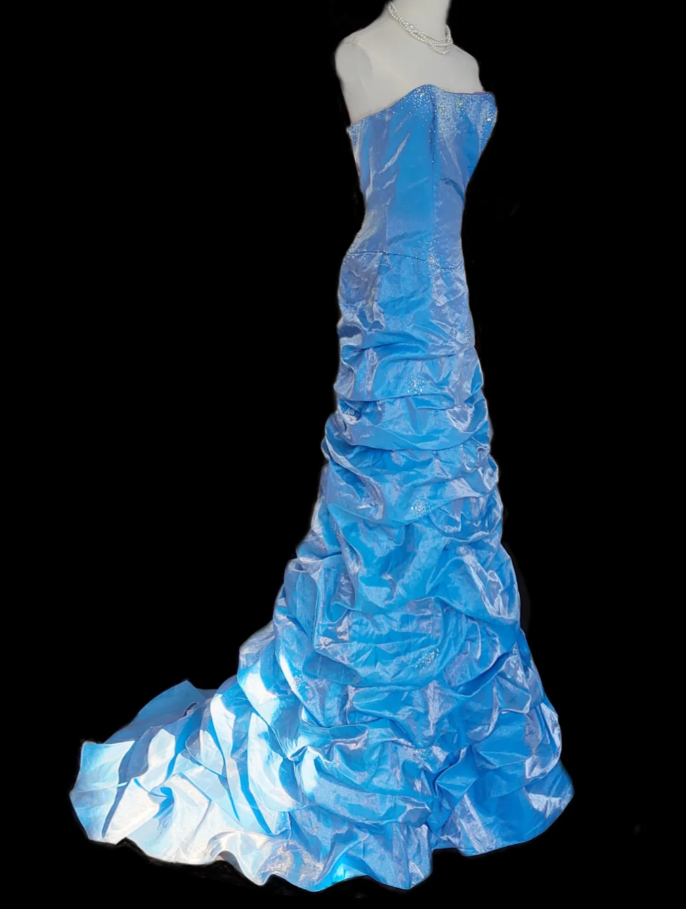 Elegant Blue Satin Pleated Strapless Mermaid Prom Dress Birthday Party Gown SP513