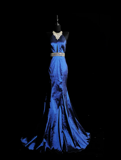 Gorgeous Navy Blue Satin Beaded Mermaid Prom Dress Backless Long Evening Dress SP436