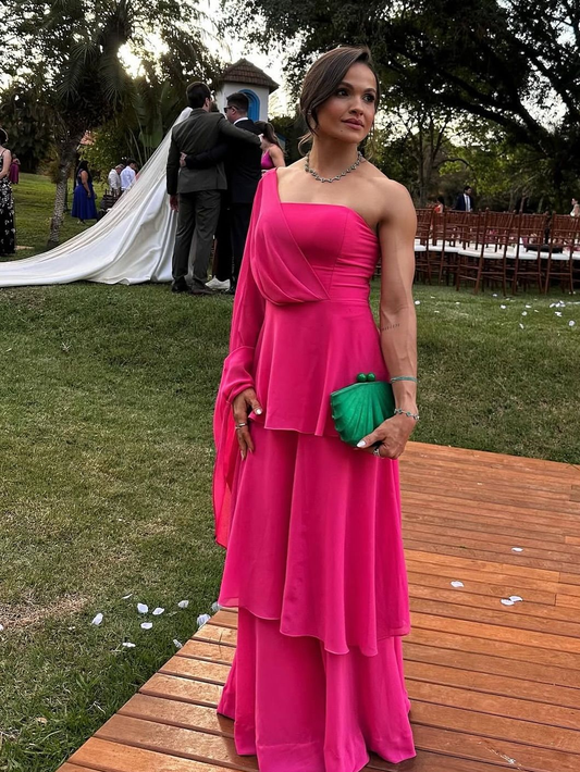 Sexy One Shoulder Satin Layered Hot Pink Long Wedding Guest Dress Evening Dress SP927