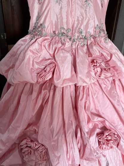 Charming Ball Gown Pink Spaghetti Straps Embroidered Satin Pleated Quinceanera Dress Sweet 16 Dress SP3832