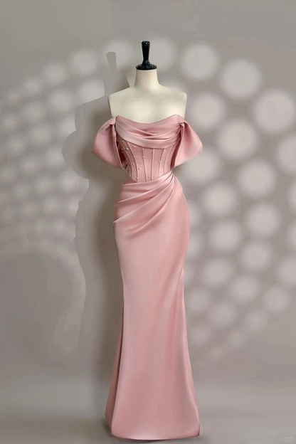 Classy Long Pink Satin Off Shoulder Evening Party Dresses Mermaid  Wedding Guest Dresses Y8693