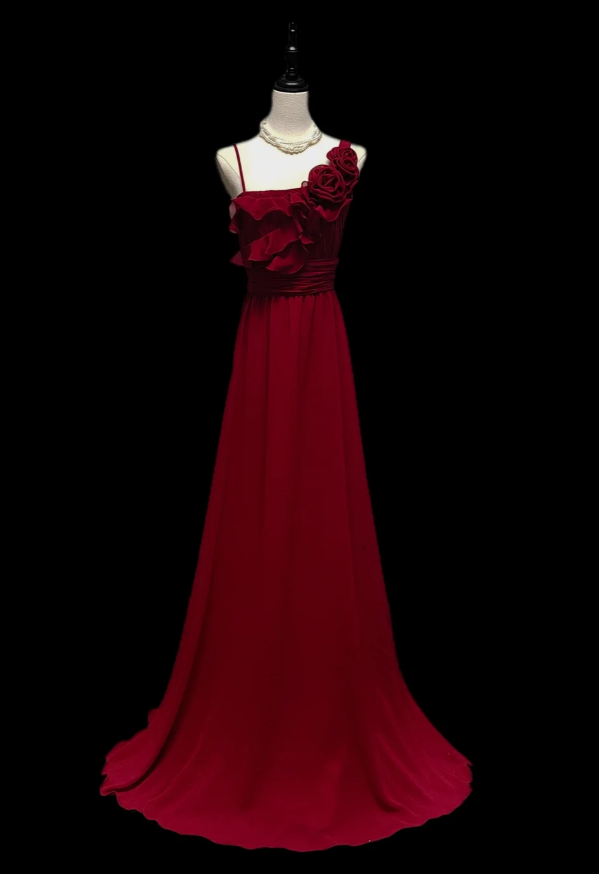 Retro Burgundy Chiffon Mermaid Party Dress Long prom Dress With Rose Flowers SP510