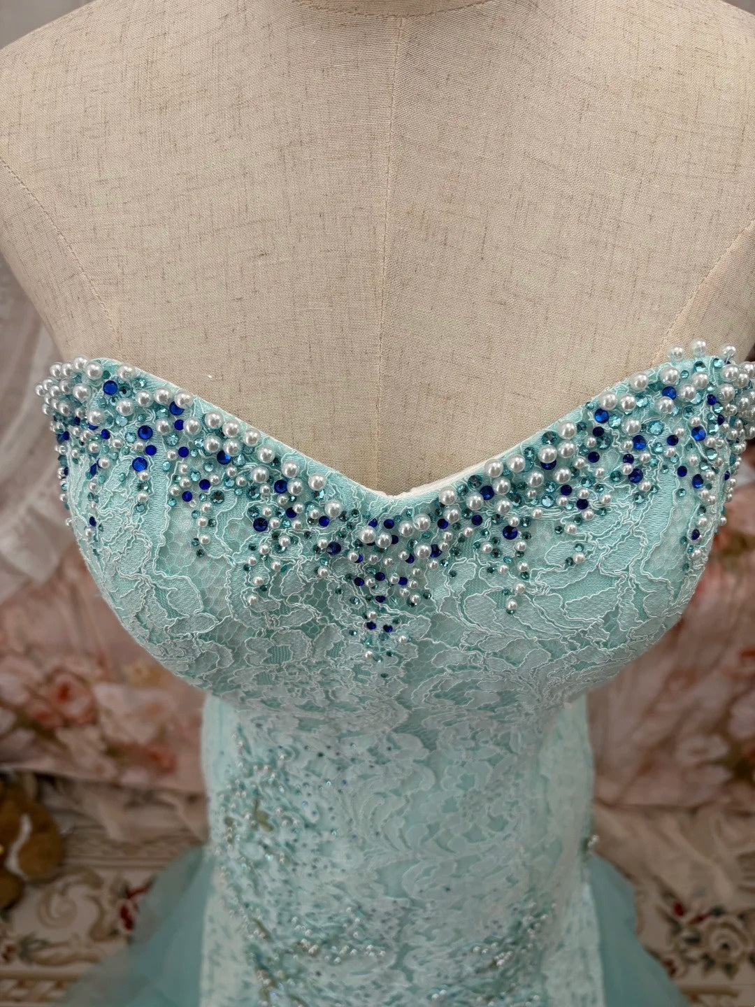 Beauty Strapless Tulle Lace Beaded Long Prom Dress Blue Mermaid Long Birthday Party Dress SP3836