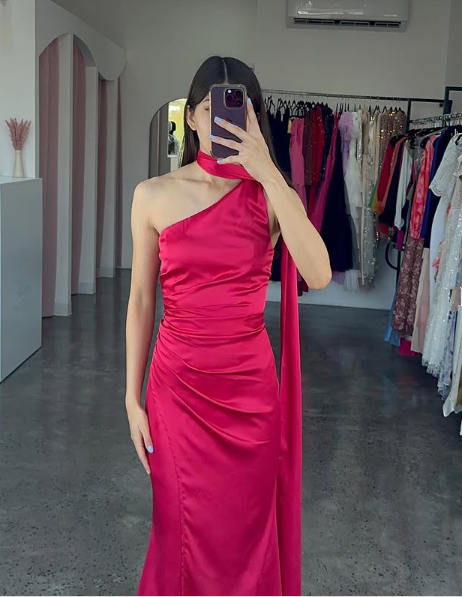 Elegant One Shoulder Hot Pink Satin Sheath Prom Dress Long Evening Dress Y8419