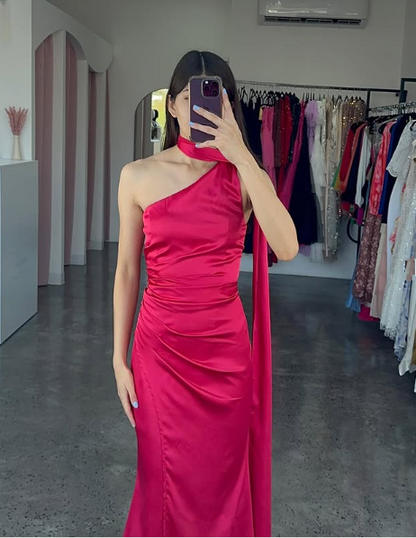 Elegant One Shoulder Hot Pink Satin Sheath Prom Dress Long Evening Dress Y8419