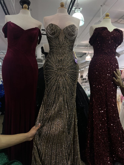 Sparkly Sweetheart Neck Black Satin Beaded Mermaid Long Party Dress Birthday Evening Gown SP4099