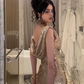 Champagne Off The Sequins Mermaid Prom Dress,Slit Long Prom Dress Y8340