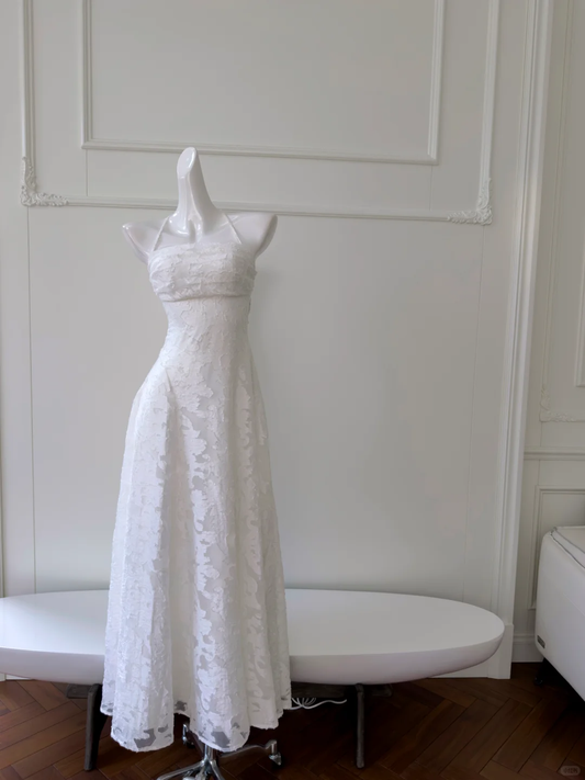 Classy Halter White Lace A Line Long Wedding Guest Dress Formal Prom Dress Party Gown SP2577