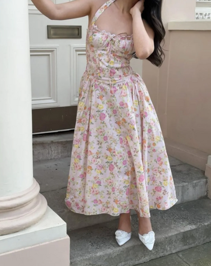 Charming Halter Pink Satin Print Floral A Line Long Party Dress Birthday Prom Dresses SP1159