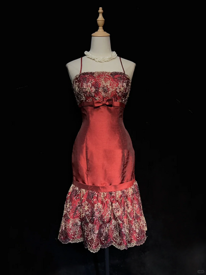 Vintage Spaghetti Straps Satin Lace Short Prom Dress,Red A Line Short 7th Grade Homecoming Dress SP2897