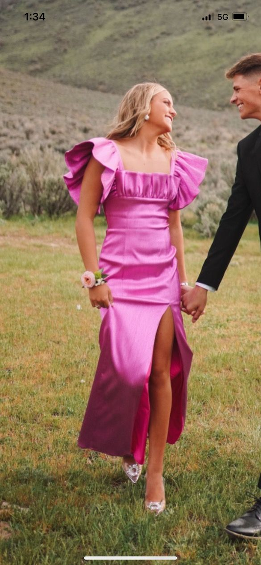 Square Neck Flutter Sleeve Hot Pink Long Prom Dress Evening Dress With Split  Y2981