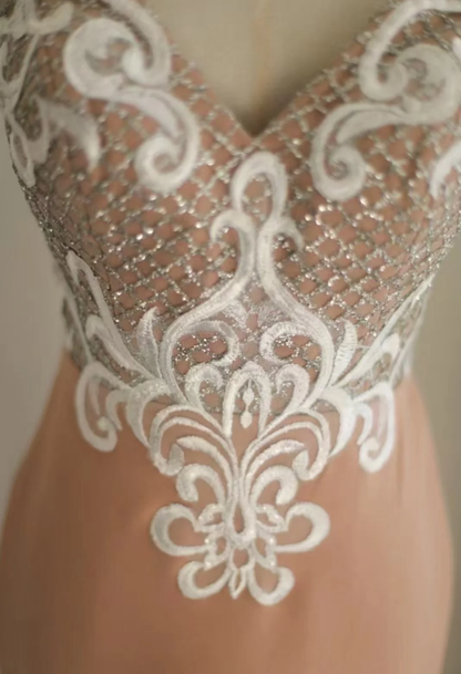 Elegant Spaghetti Straps Satin Lace Appliques Mermaid Wedding Guest Dress Long Evening Dress SP849