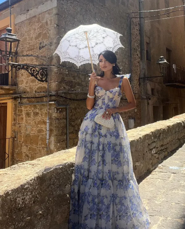 Blue Flower Pattern Prom Dress Spaghetti Strap Princess Formal Occasion Dresses A-line Party Dress Y2722