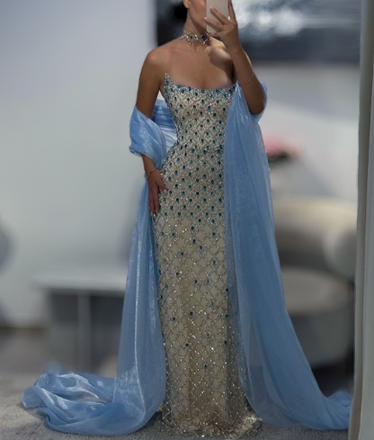 Gorgeous Strapless Blue Sequin Beaded Sheath Long Party Dress Formal Birthday Party Gown SP772